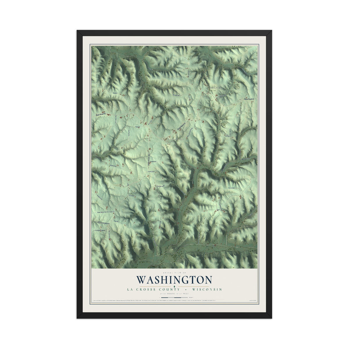 Map of Washington, La Crosse County, Wisconsin, 12 x 18 inch print in a black wood frame