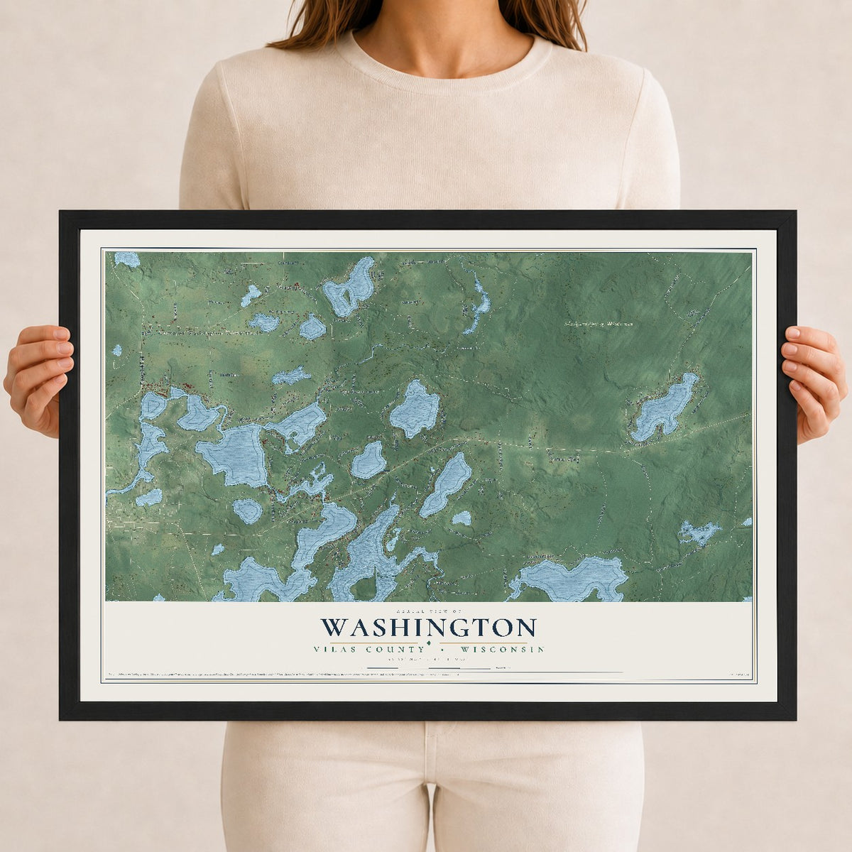 Map of Washington, Vilas County, Wisconsin, 12 x 18 inch print in a black wood frame