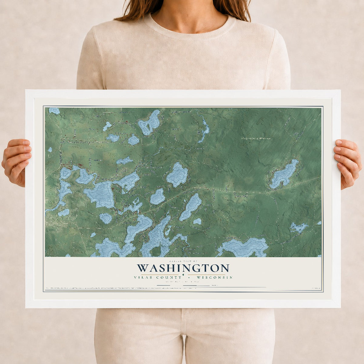 Map of Washington, Vilas County, Wisconsin, 12 x 18 inch print in a white wood frame