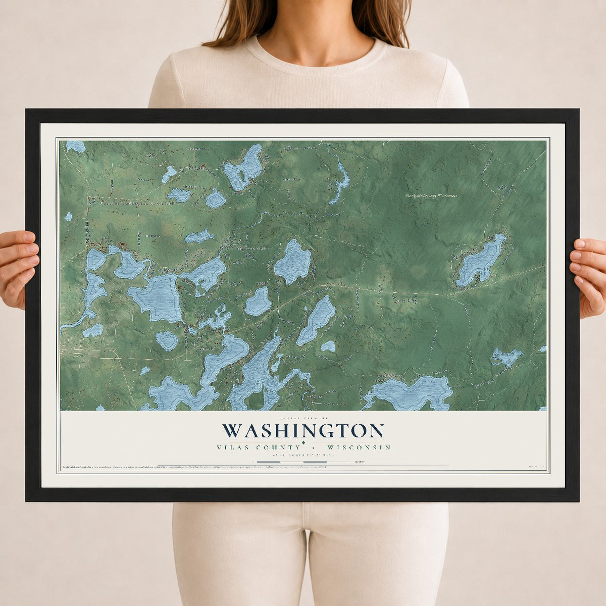 Map of Washington, Vilas County, Wisconsin, 18 x 24 inch print in a black wood frame