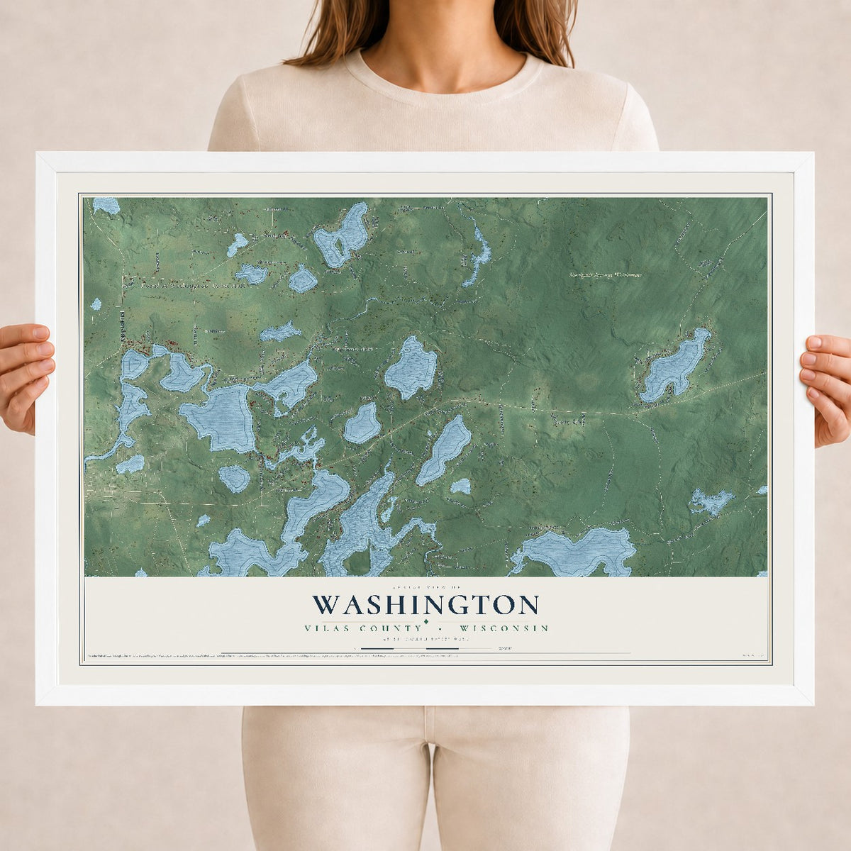 Map of Washington, Vilas County, Wisconsin, 18 x 24 inch print in a white wood frame