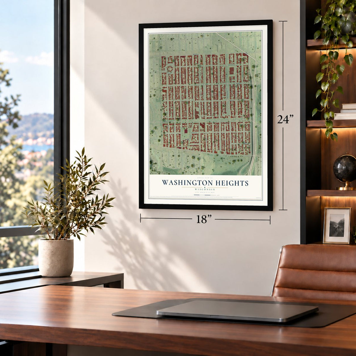 Washington Heights, Wisconsin map, 18 x 24 inch print in a black frame in a home office