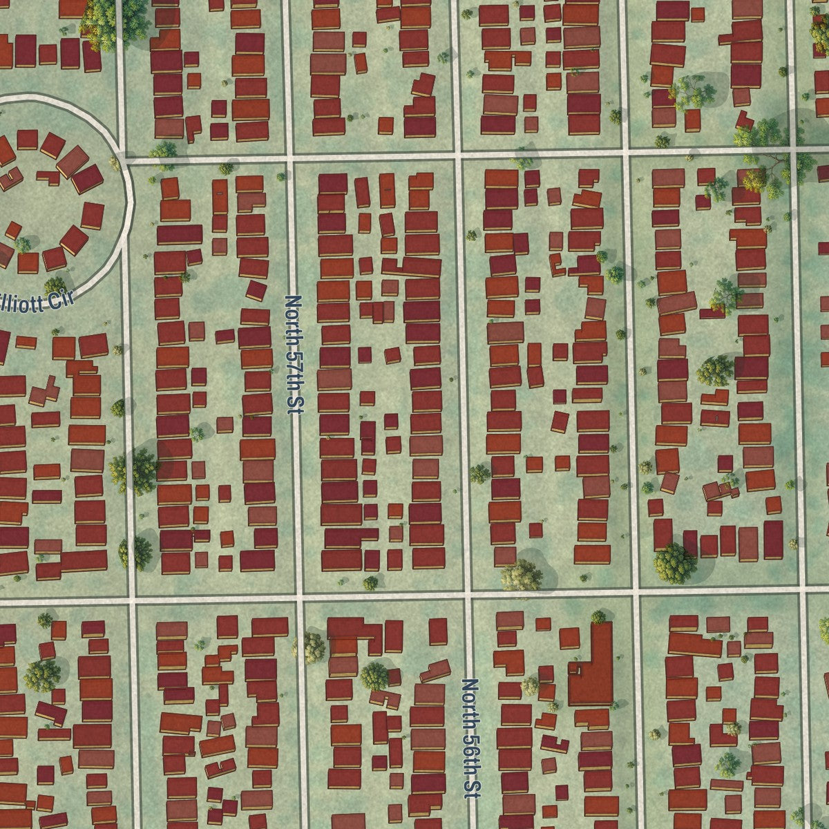 Close-up of the map of Washington Heights, Wisconsin print showing street and building detail