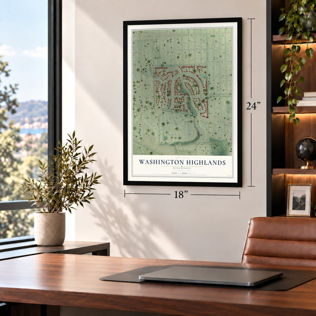 Washington Highlands, Wisconsin map, 18 x 24 inch print in a black frame in a home office