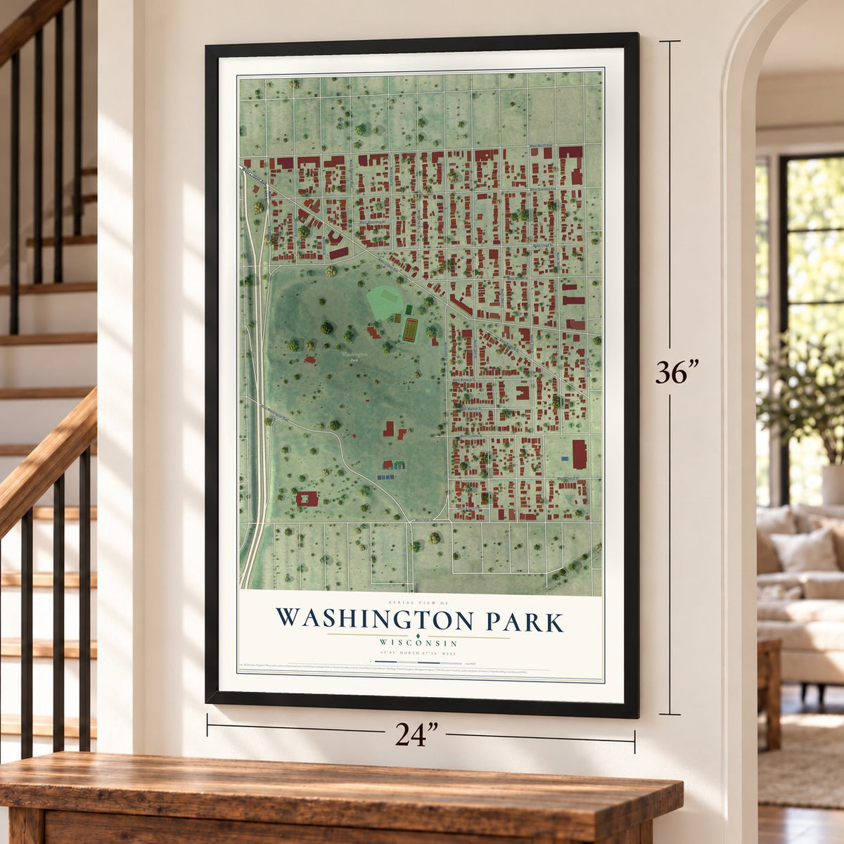 Washington Park, Wisconsin map, 24 x 36 inch print in a black frame by a staircase