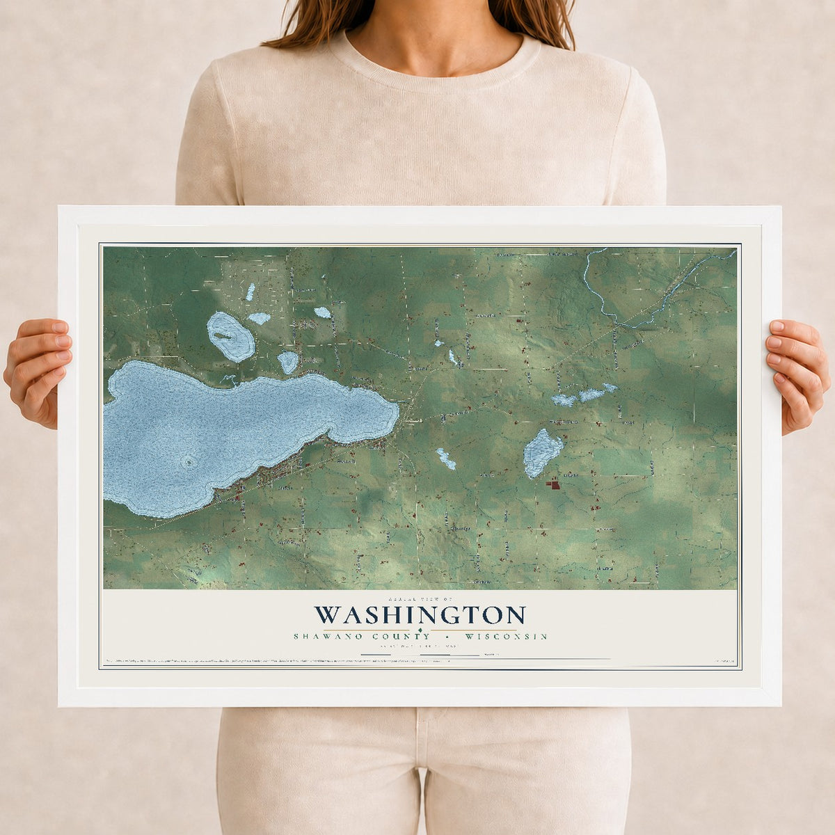 Map of Washington, Shawano County, Wisconsin, 12 x 18 inch print in a white wood frame