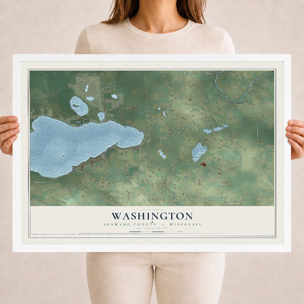 Map of Washington, Shawano County, Wisconsin, 18 x 24 inch print in a white wood frame