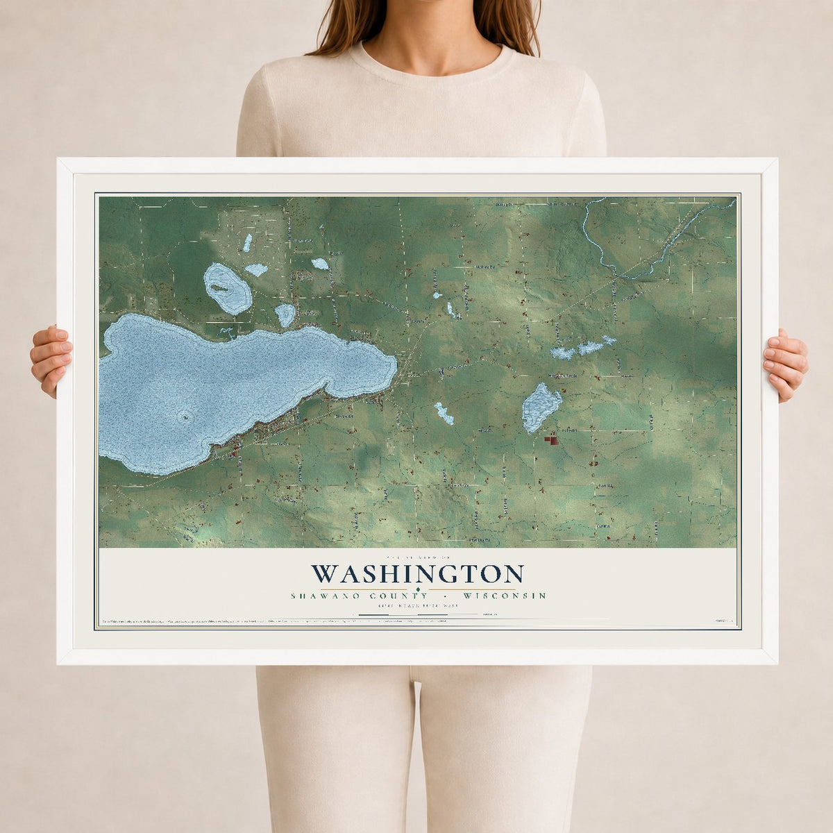Map of Washington, Shawano County, Wisconsin, 24 x 36 inch print in a white wood frame