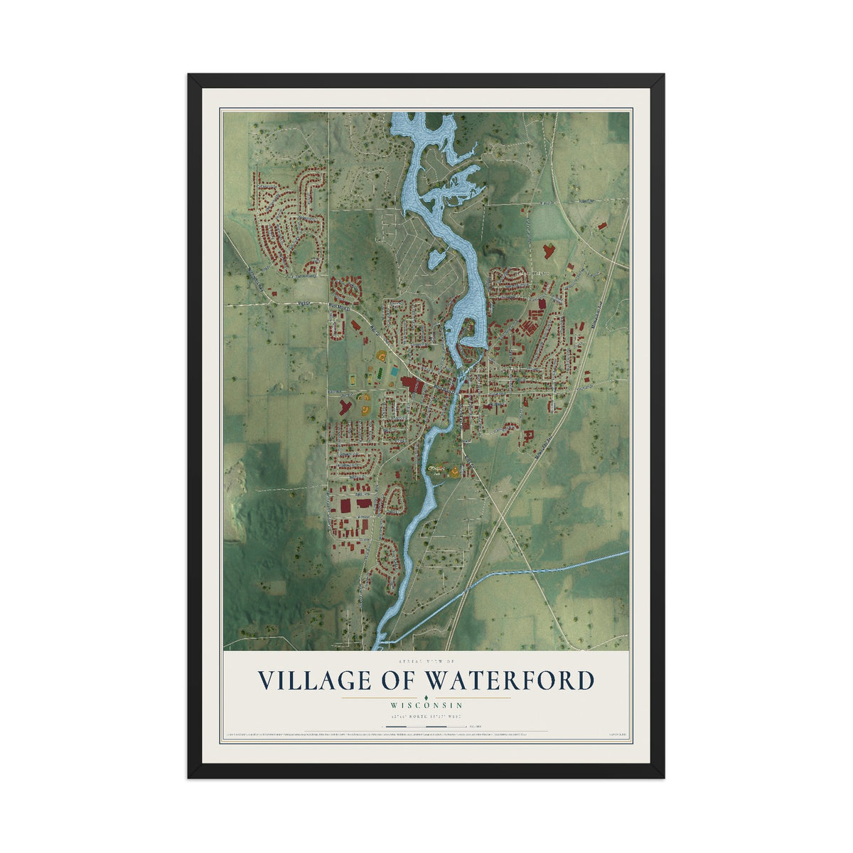 Map of Waterford, Wisconsin, 12 x 18 inch print in a black wood frame