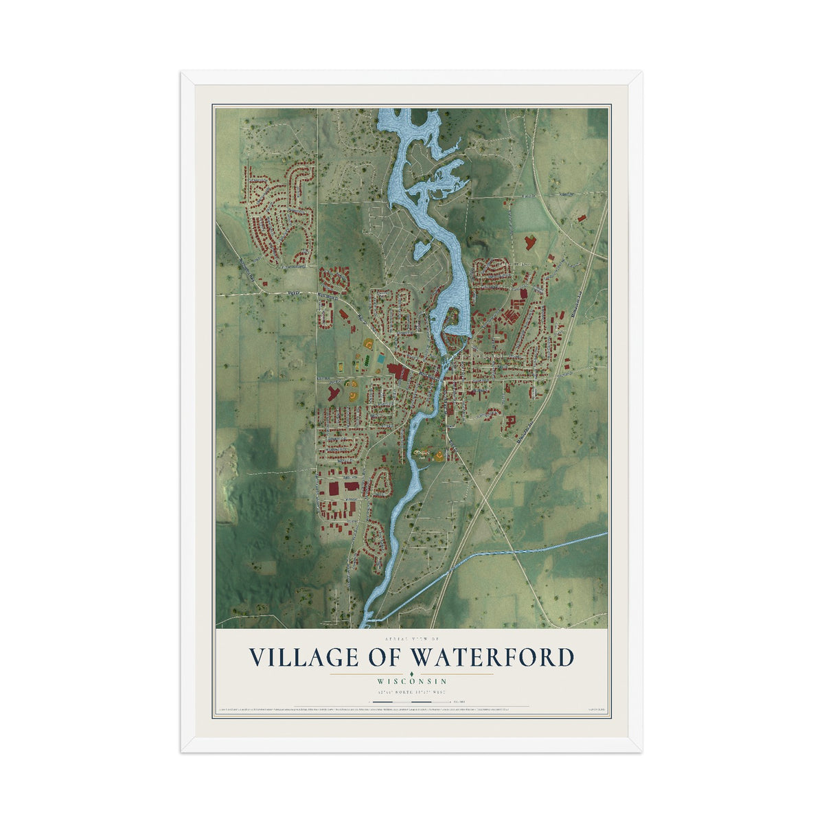 Map of Waterford, Wisconsin, 12 x 18 inch print in a white wood frame