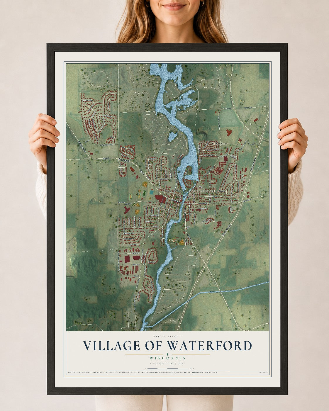 Map of Waterford, Wisconsin, 24 x 36 inch print in a black wood frame