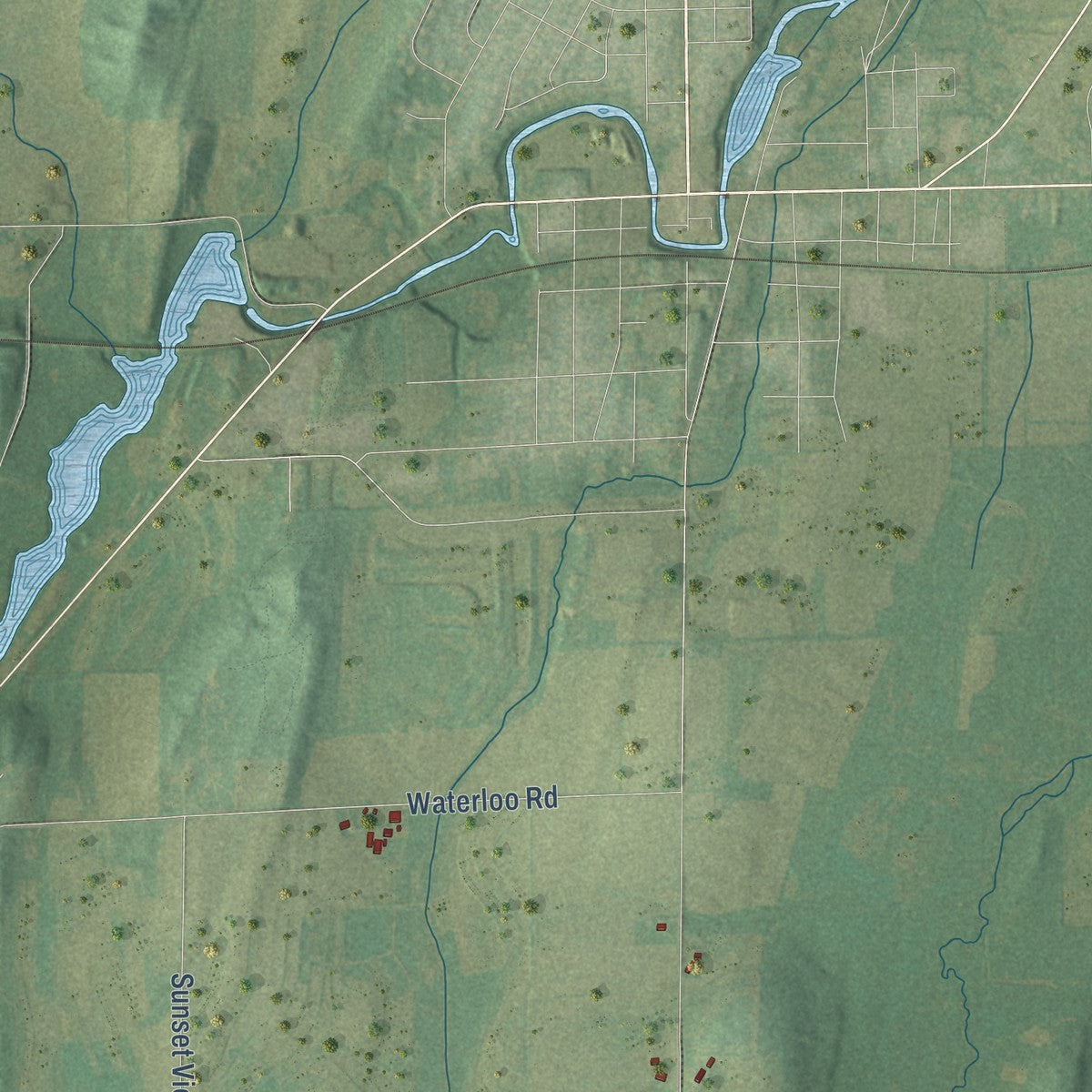 Close-up of the map of the Town of Waterloo, Jefferson County, Wisconsin print showing street and building detail
