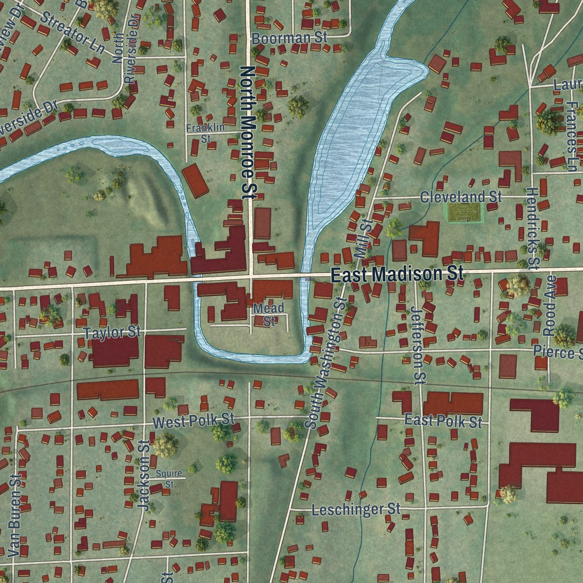 Close-up of the map of Waterloo, Wisconsin print showing street and building detail