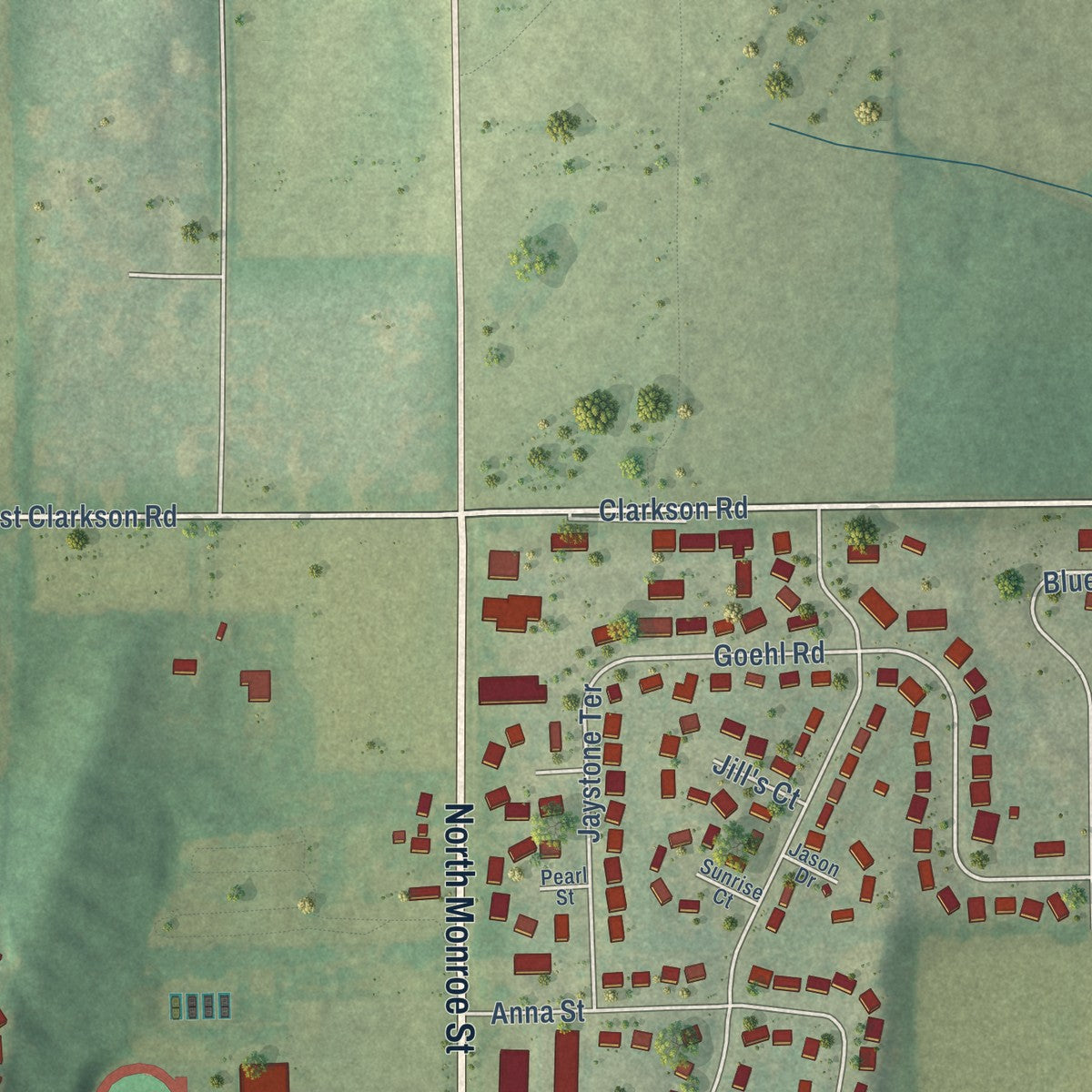 Second close-up of the map of Waterloo, Wisconsin print showing more streets and buildings