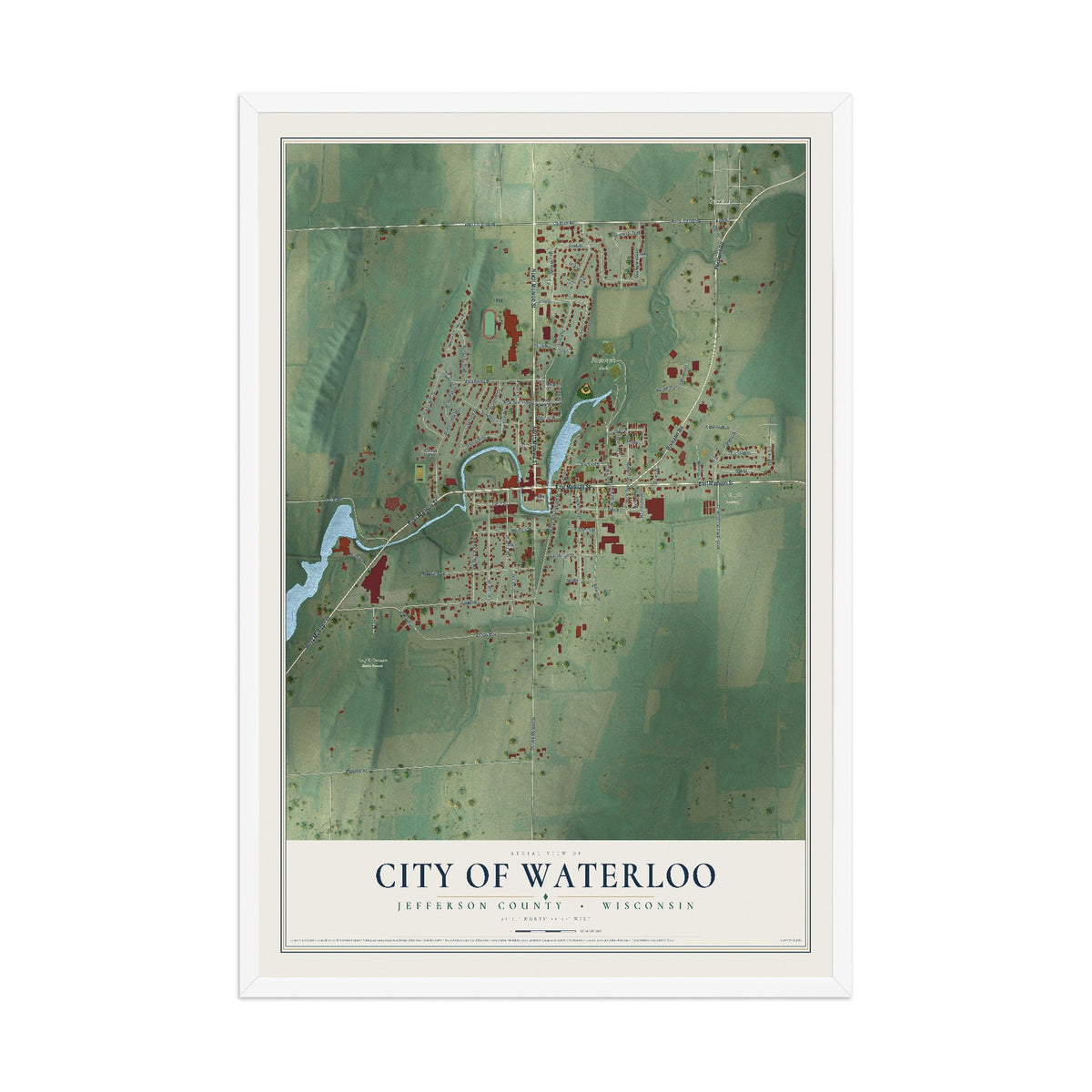 Map of Waterloo, Wisconsin, 12 x 18 inch print in a white wood frame