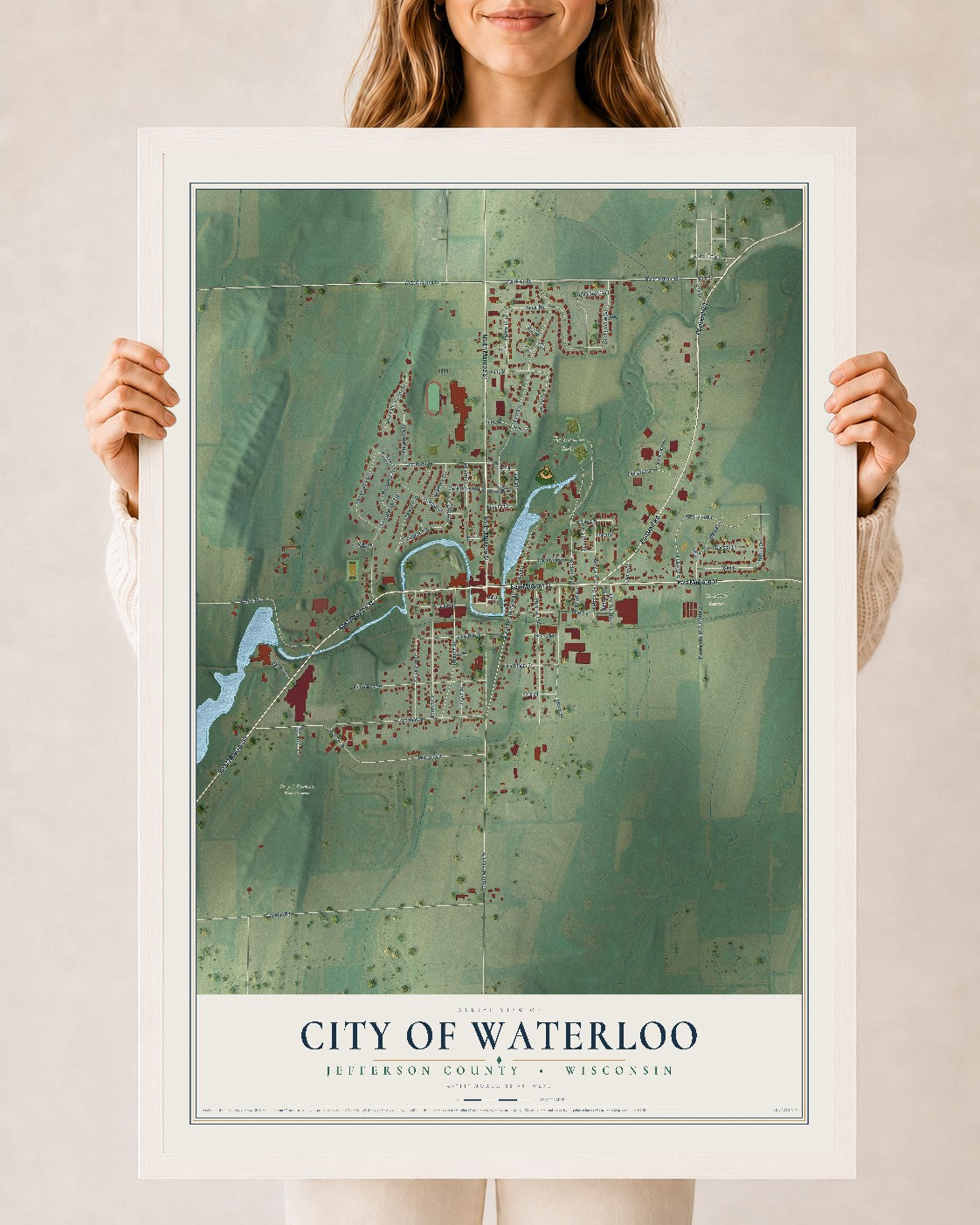 Map of Waterloo, Wisconsin, 24 x 36 inch print in a white wood frame