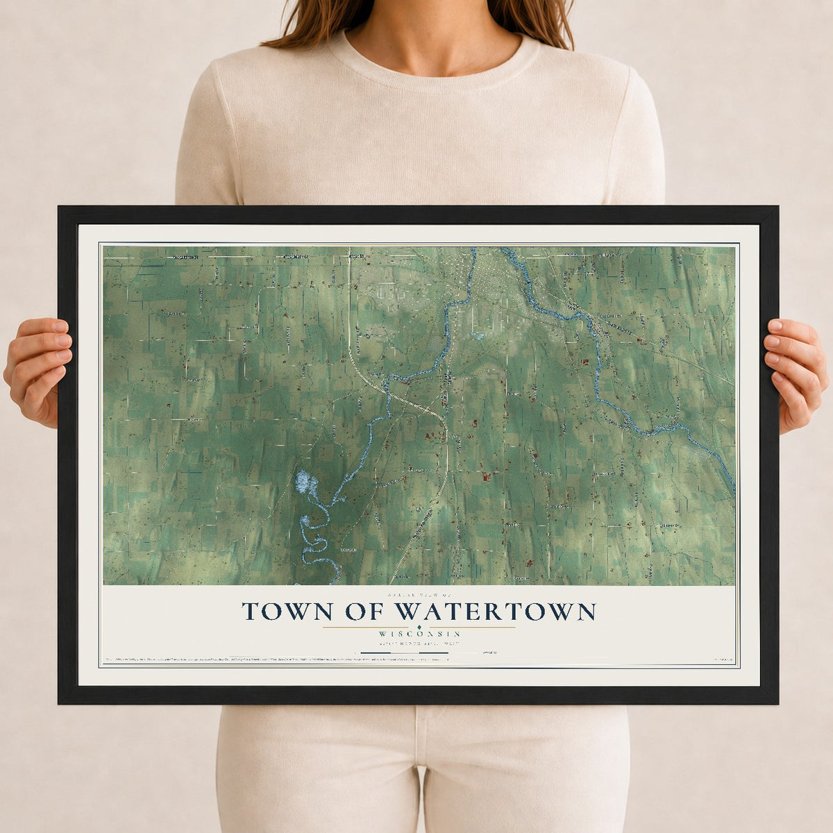 Map of the Town of Watertown, Wisconsin, 12 x 18 inch print in a black wood frame