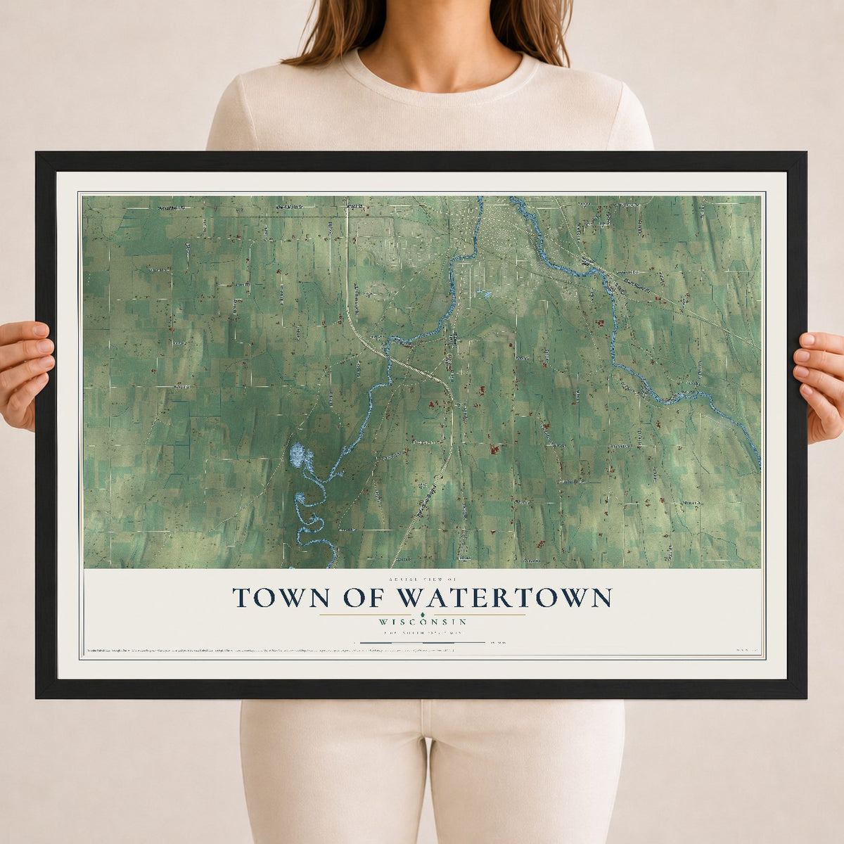 Map of the Town of Watertown, Wisconsin, 18 x 24 inch print in a black wood frame