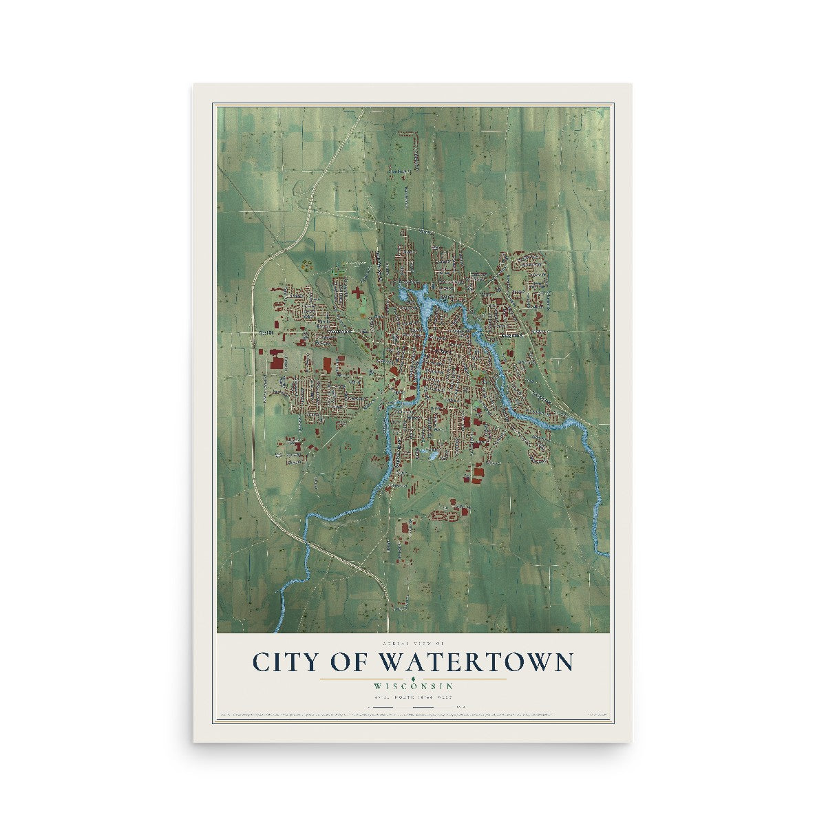 Map of Watertown, Wisconsin, 12 x 18 inch unframed archival matte print