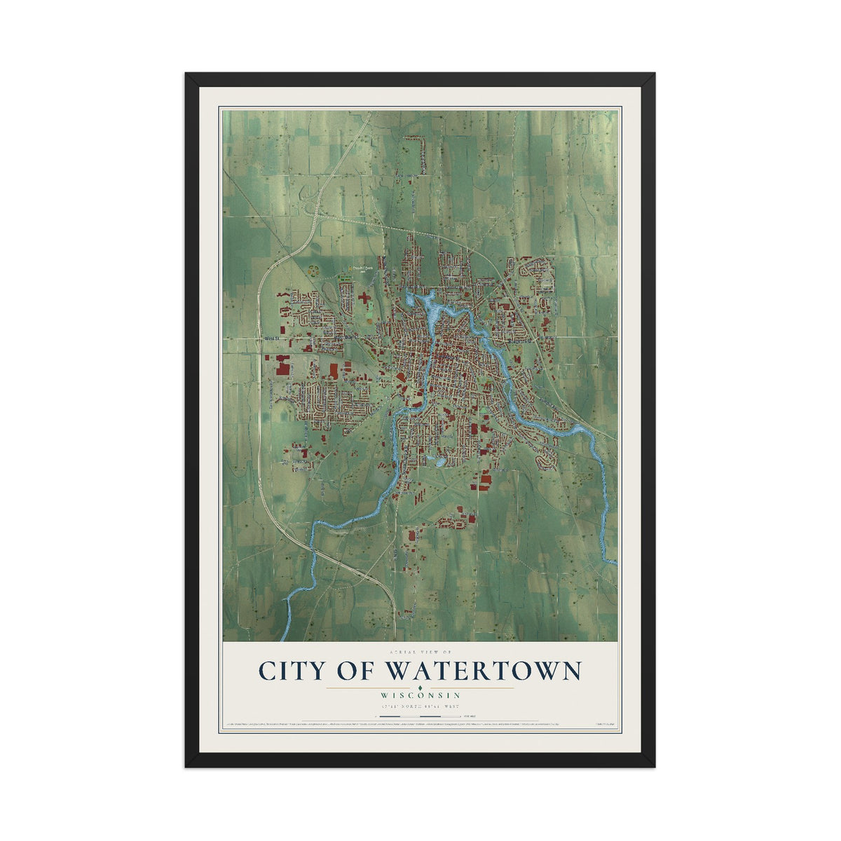 Map of Watertown, Wisconsin, 12 x 18 inch print in a black wood frame