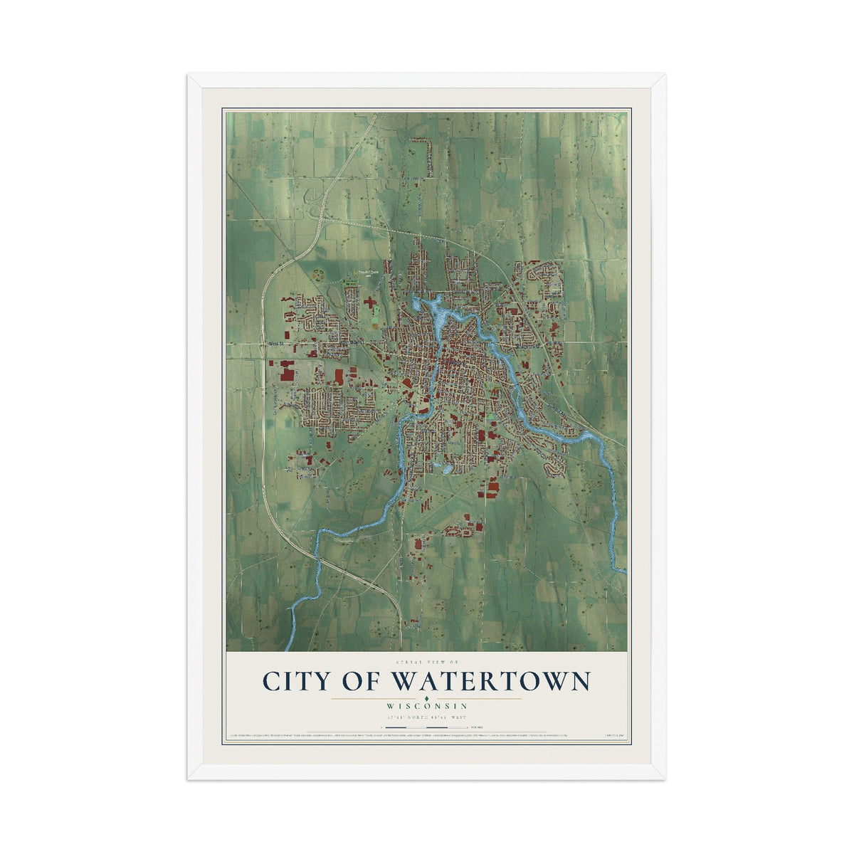 Map of Watertown, Wisconsin, 12 x 18 inch print in a white wood frame