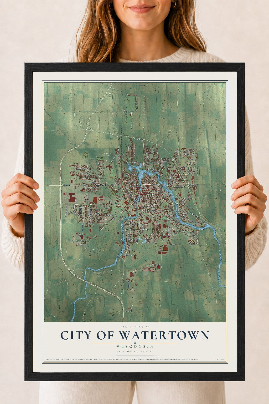 Map of Watertown, Wisconsin, 18 x 24 inch print in a black wood frame