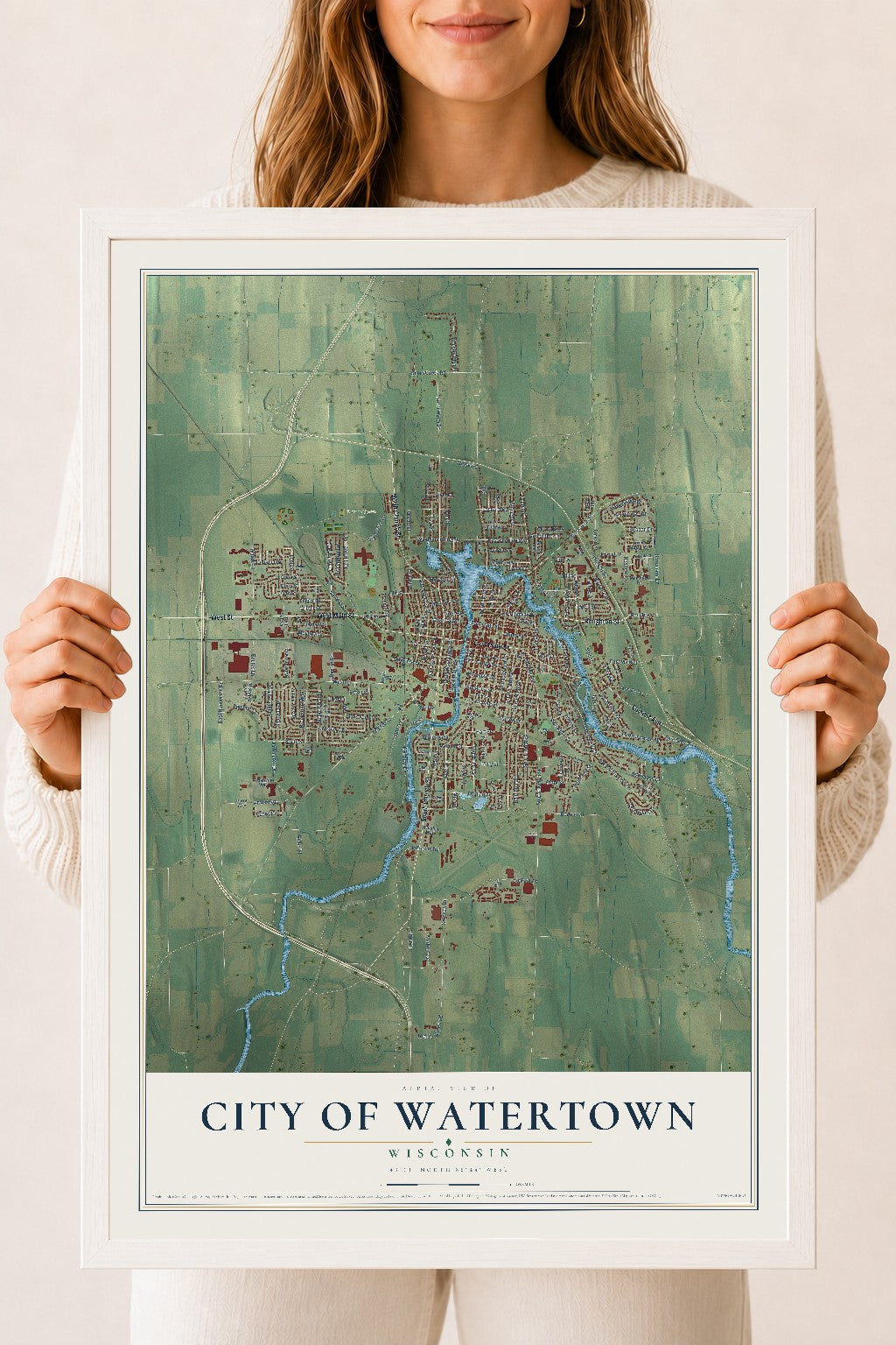 Map of Watertown, Wisconsin, 18 x 24 inch print in a white wood frame