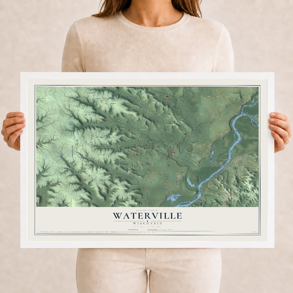 Map of Waterville, Wisconsin, 12 x 18 inch print in a white wood frame
