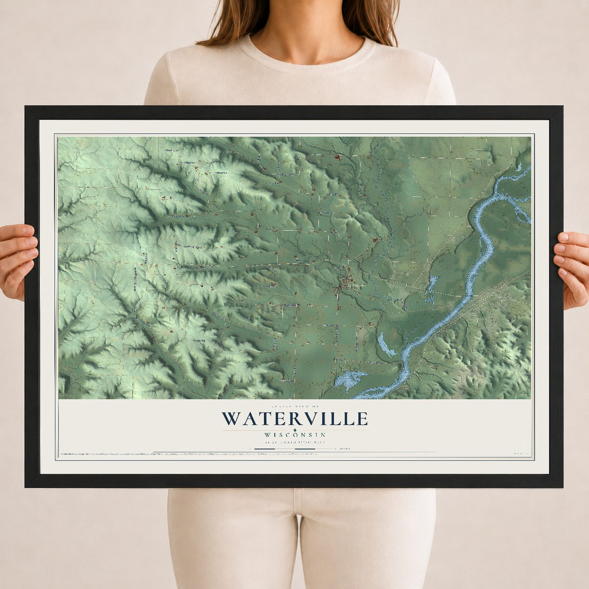 Map of Waterville, Wisconsin, 18 x 24 inch print in a black wood frame