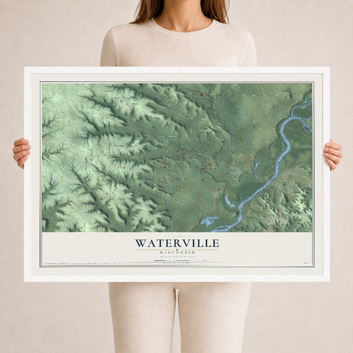 Map of Waterville, Wisconsin, 24 x 36 inch print in a white wood frame