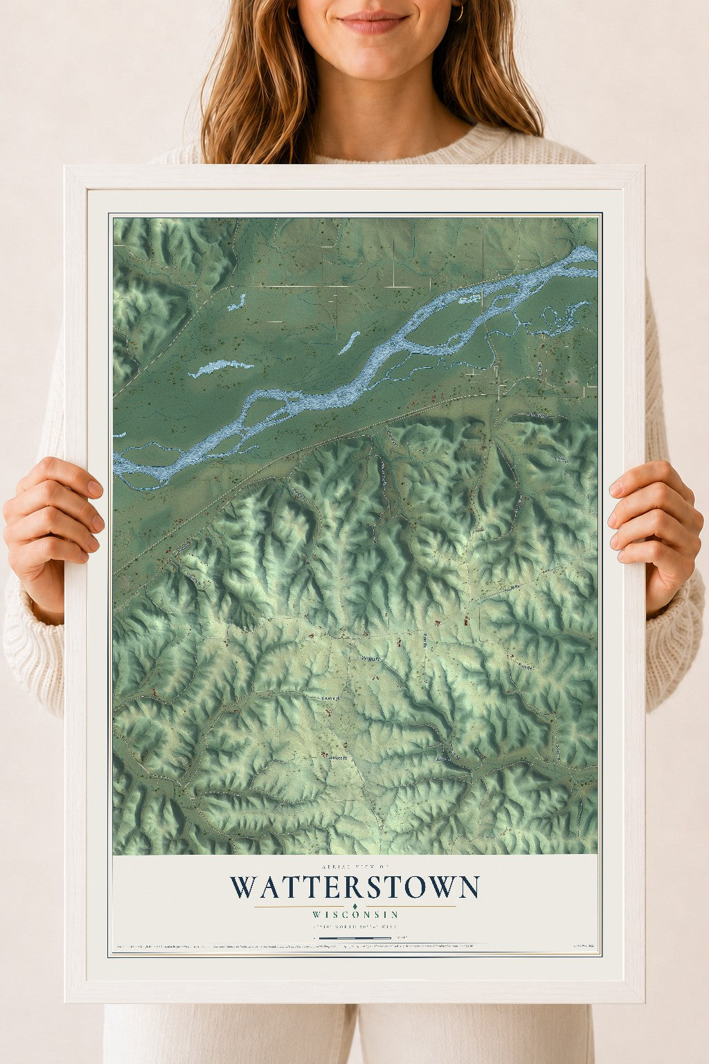 Map of Watterstown, Wisconsin, 18 x 24 inch print in a white wood frame