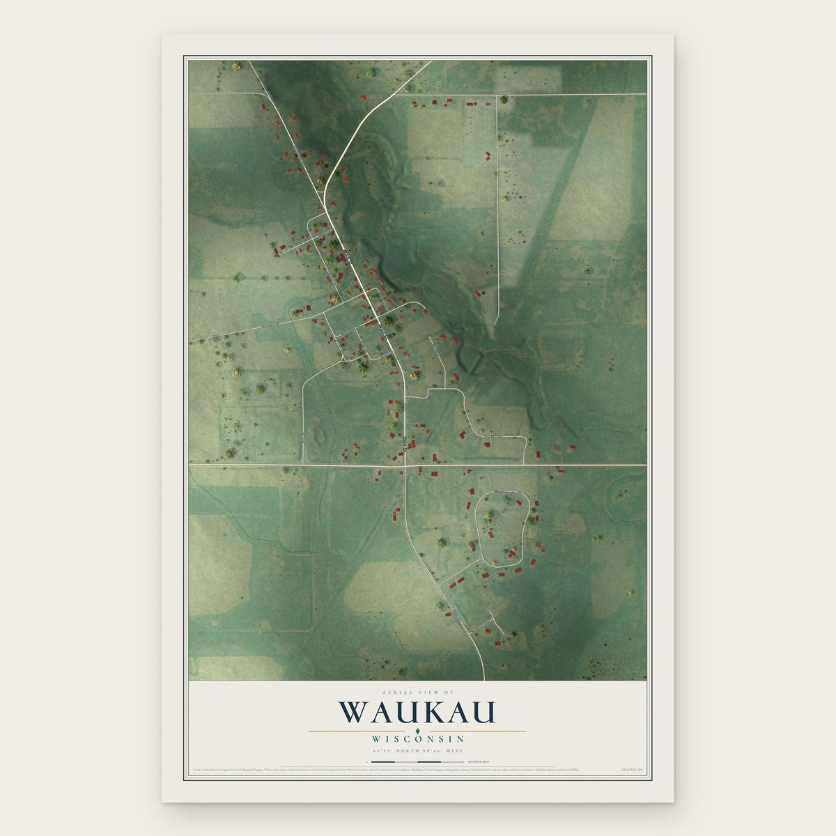 Waukau, Wisconsin map print, the full design