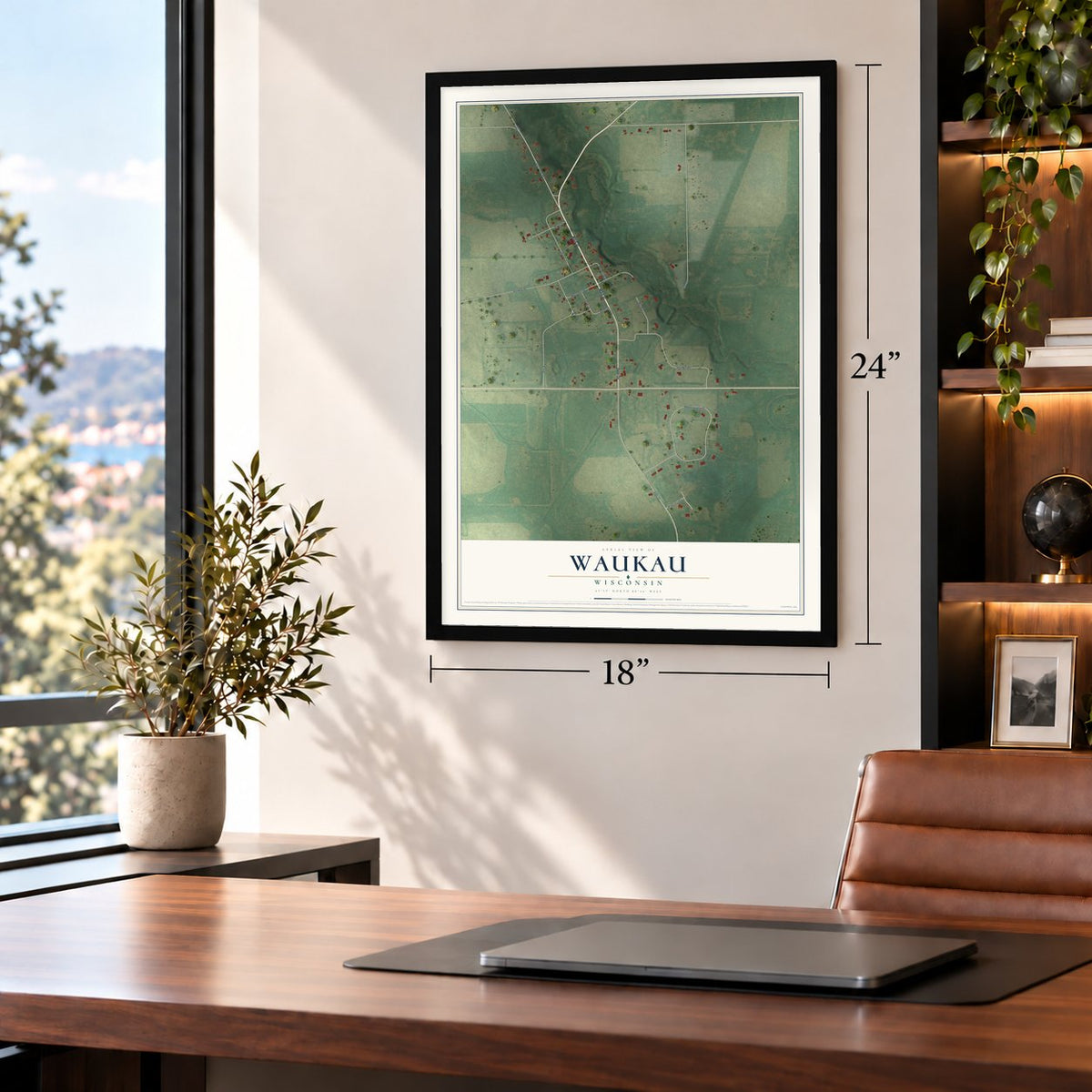 Waukau, Wisconsin map, 18 x 24 inch print in a black frame in a home office