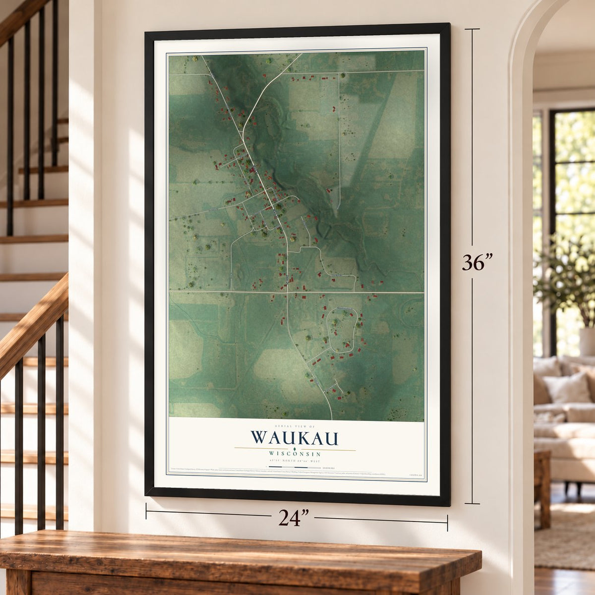 Waukau, Wisconsin map, 24 x 36 inch print in a black frame by a staircase