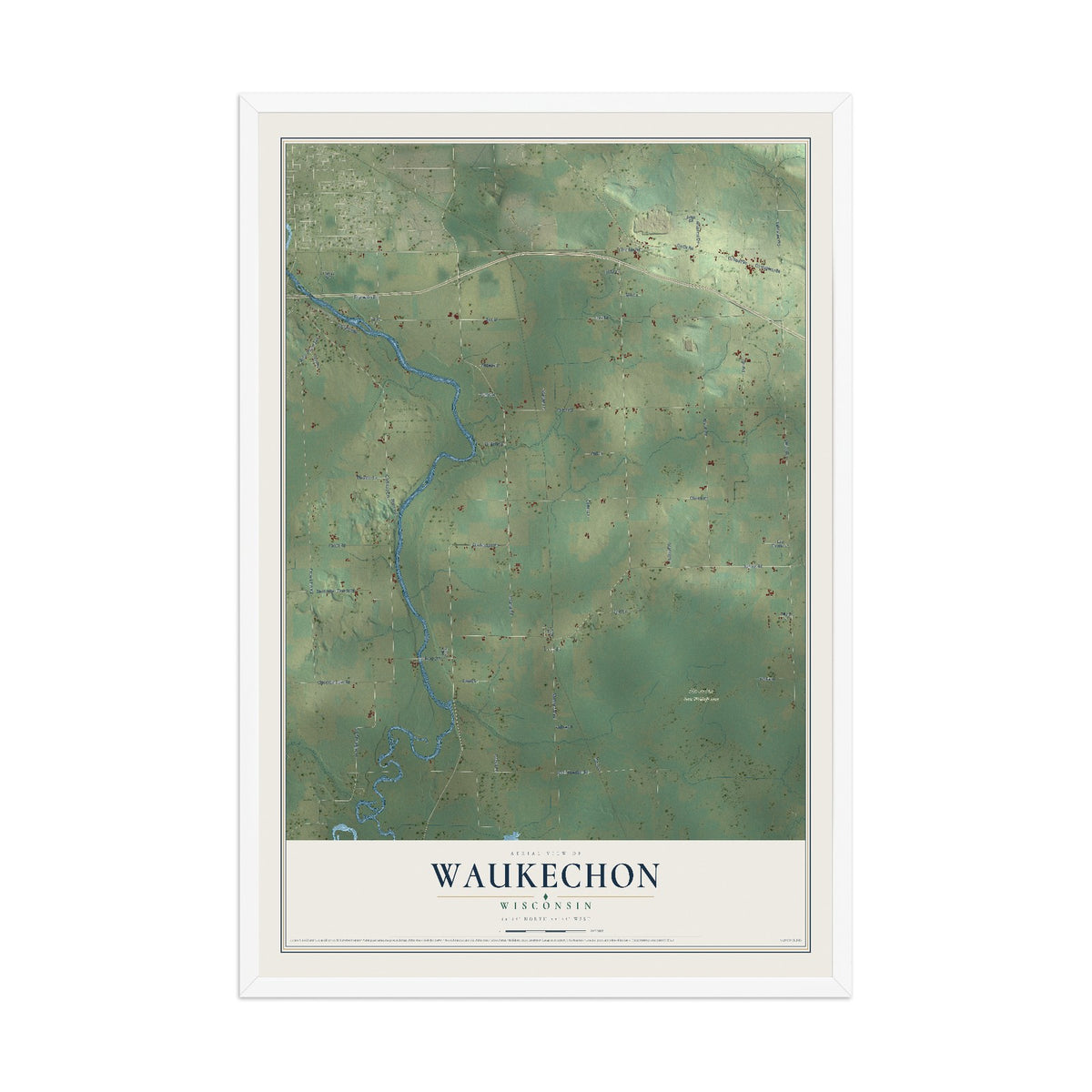 Map of Waukechon, Wisconsin, 12 x 18 inch print in a white wood frame