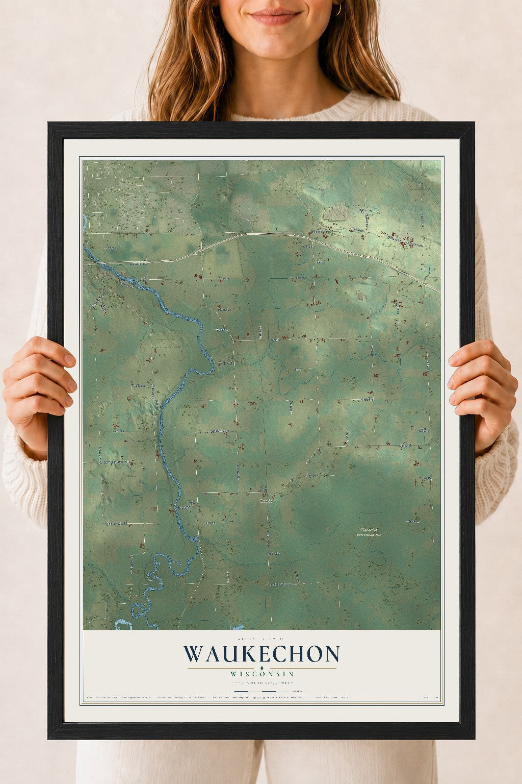 Map of Waukechon, Wisconsin, 18 x 24 inch print in a black wood frame