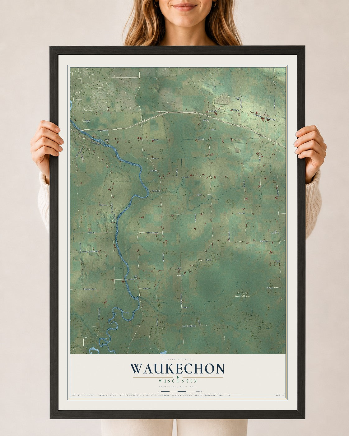 Map of Waukechon, Wisconsin, 24 x 36 inch print in a black wood frame