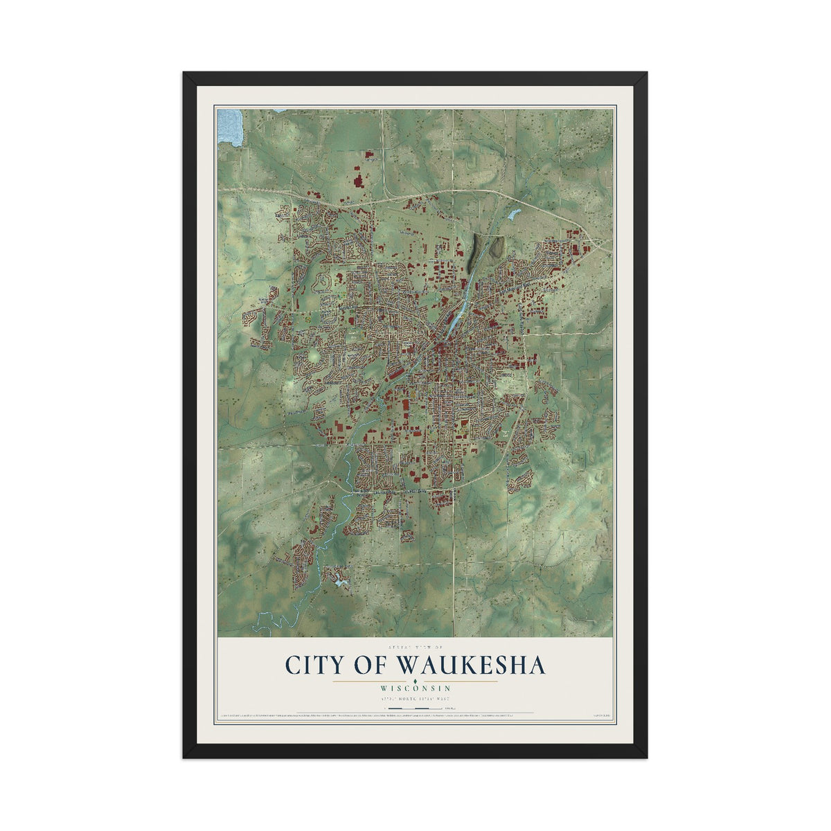 Map of Waukesha, Wisconsin, 12 x 18 inch print in a black wood frame