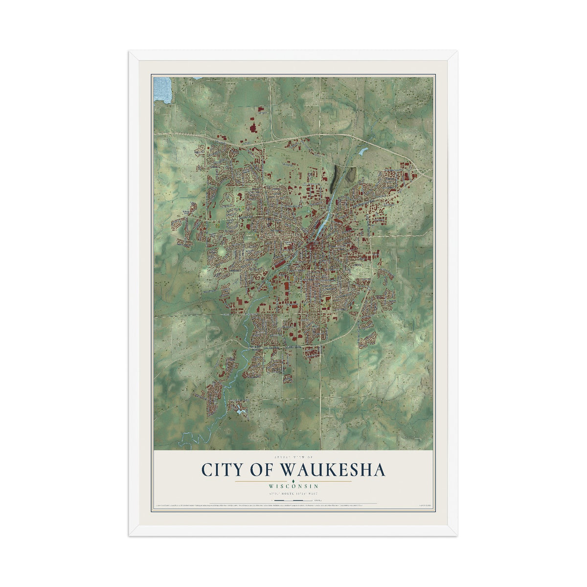 Map of Waukesha, Wisconsin, 12 x 18 inch print in a white wood frame