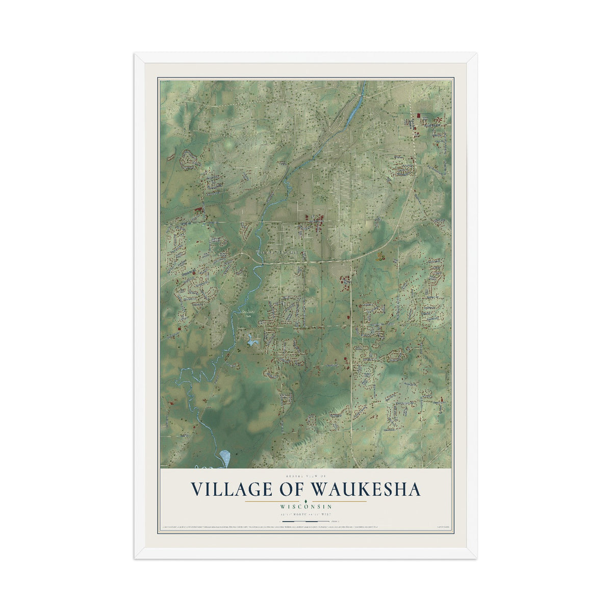 Map of the Village of Waukesha, Wisconsin, 12 x 18 inch print in a white wood frame