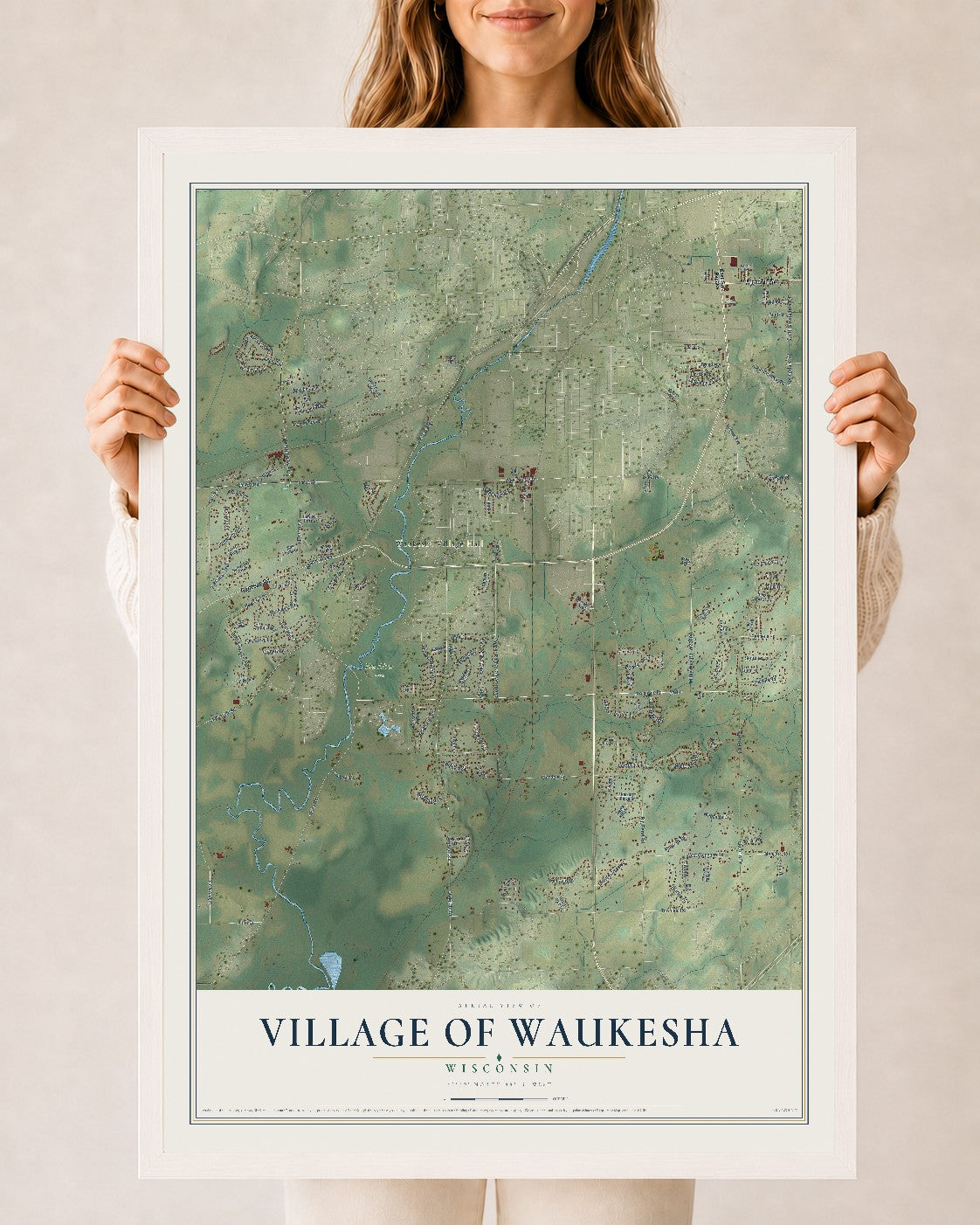 Map of the Village of Waukesha, Wisconsin, 24 x 36 inch print in a white wood frame