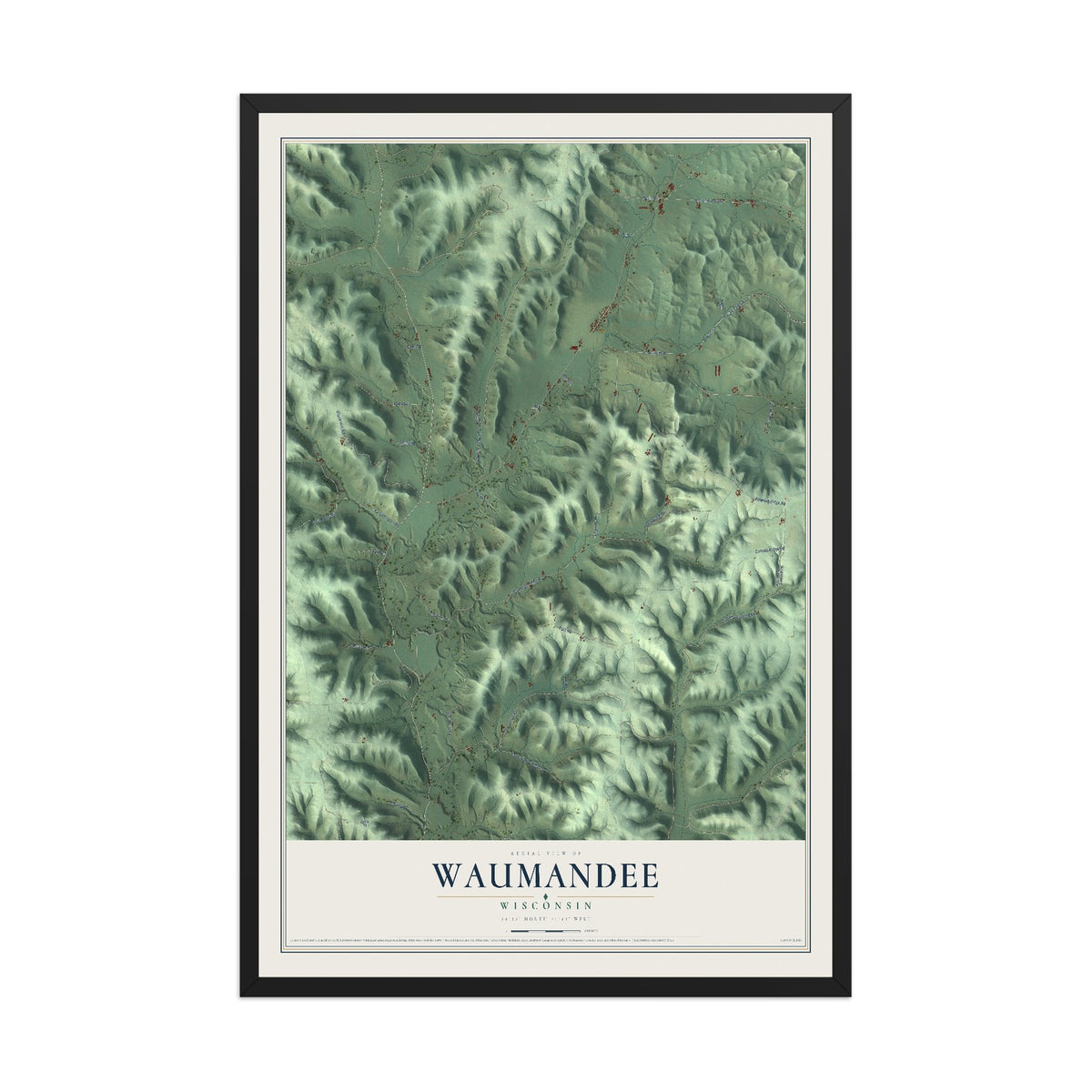 Map of Waumandee, Wisconsin, 12 x 18 inch print in a black wood frame
