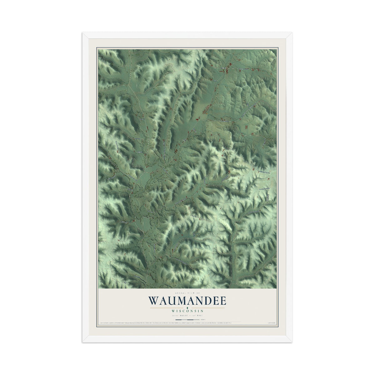 Map of Waumandee, Wisconsin, 12 x 18 inch print in a white wood frame