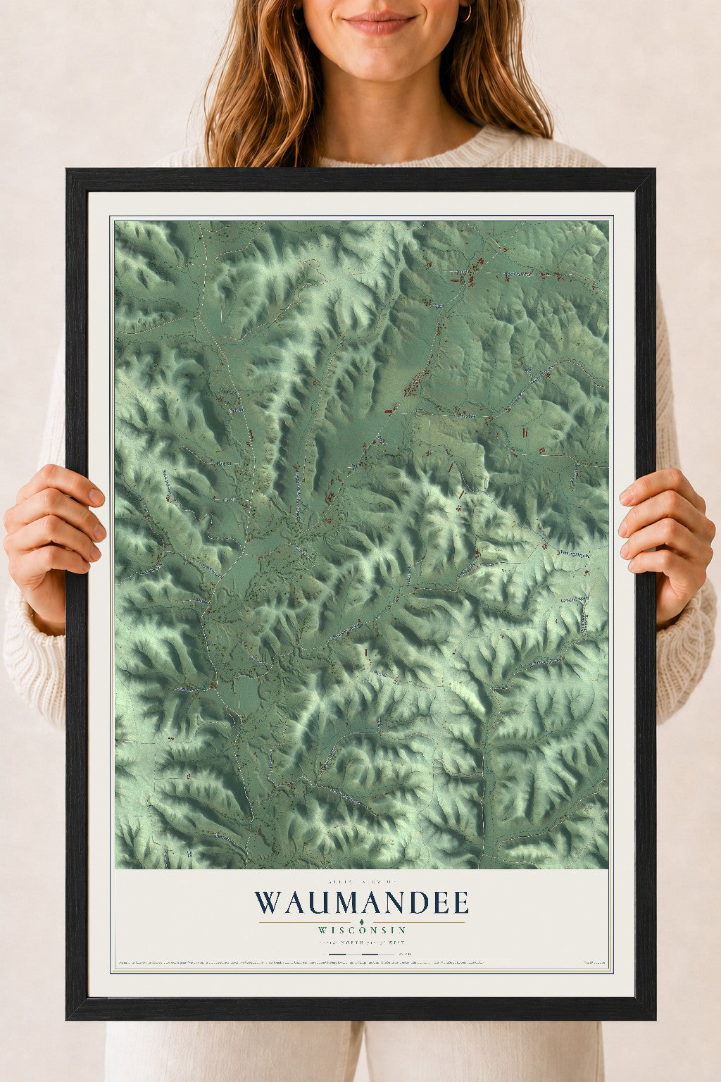 Map of Waumandee, Wisconsin, 18 x 24 inch print in a black wood frame