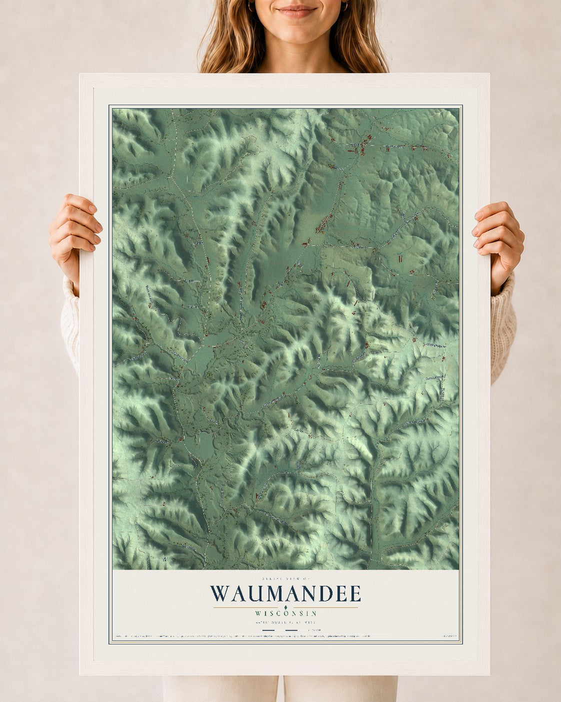 Map of Waumandee, Wisconsin, 24 x 36 inch print in a white wood frame