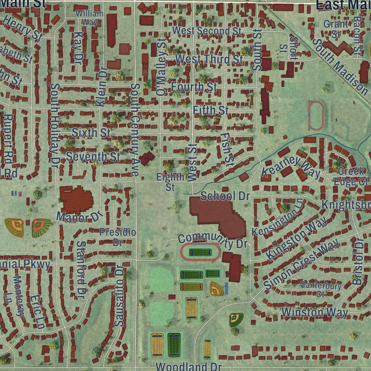 Close-up of the map of Waunakee, Wisconsin print showing street and building detail