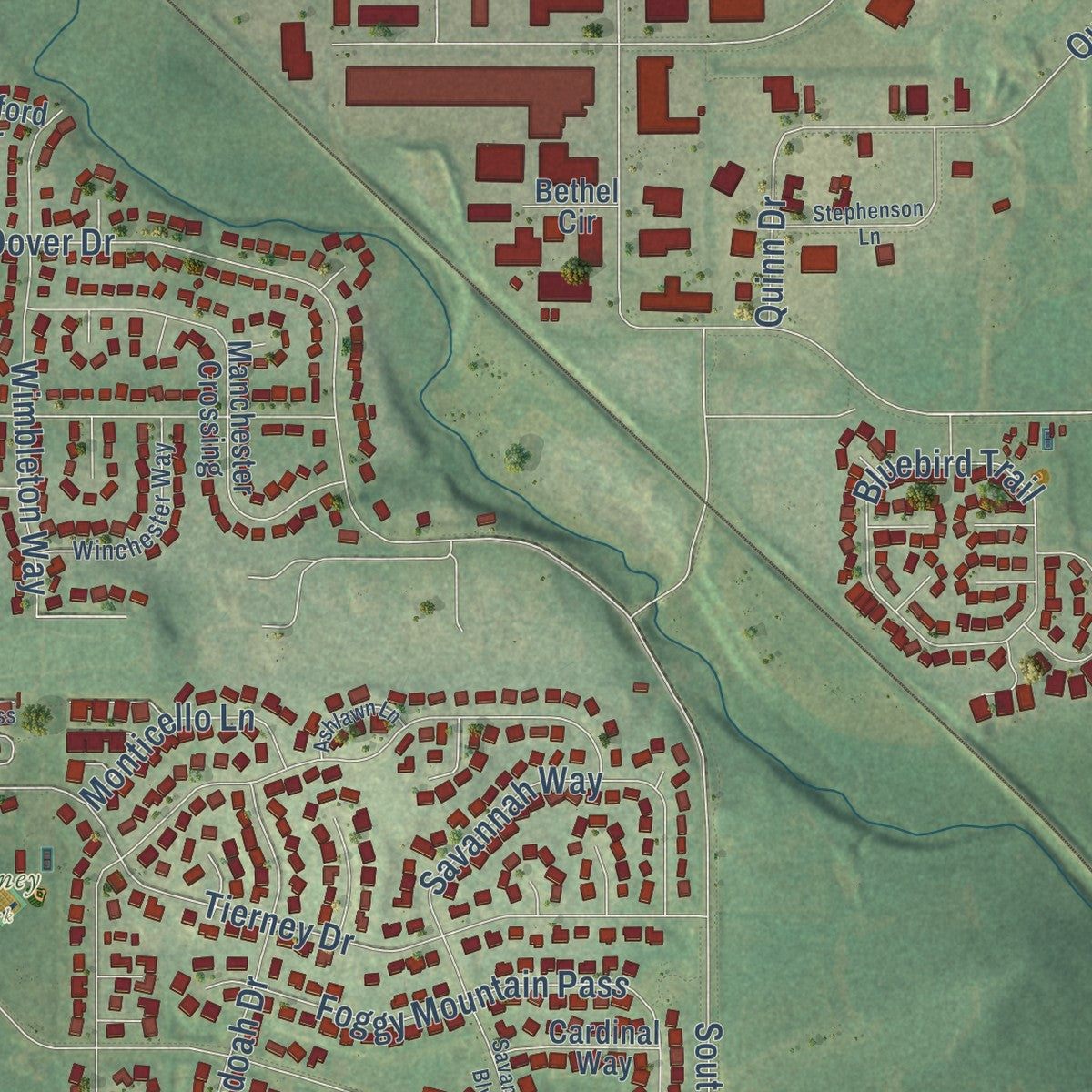 Second close-up of the map of Waunakee, Wisconsin print showing more streets and buildings