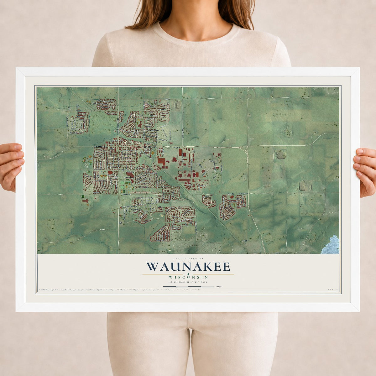 Map of Waunakee, Wisconsin, 18 x 24 inch print in a white wood frame