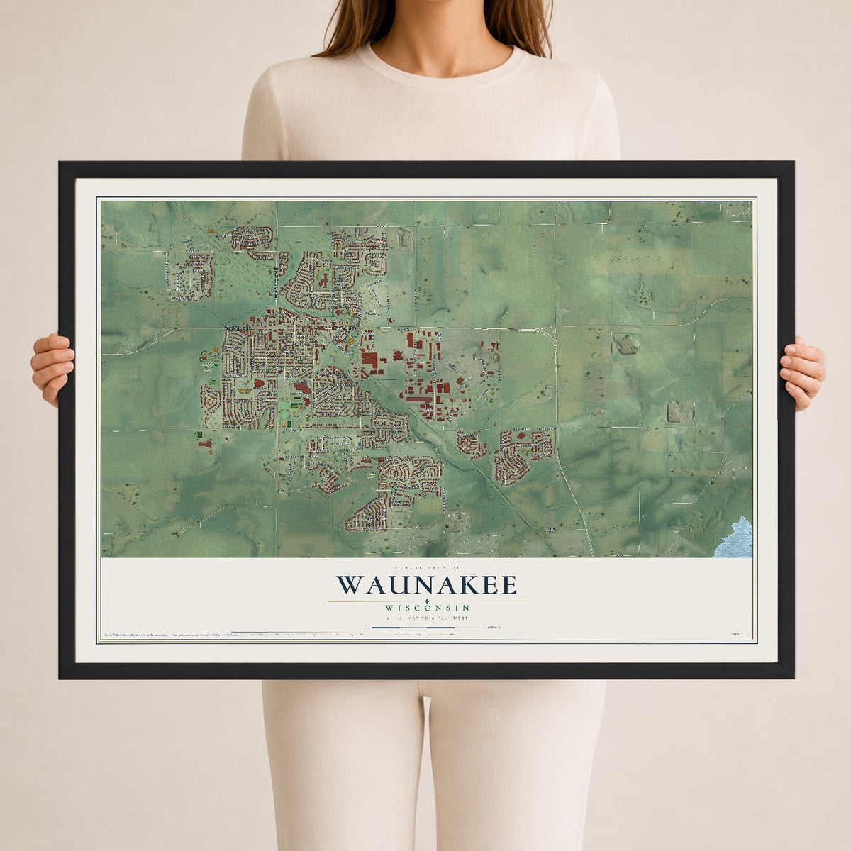 Map of Waunakee, Wisconsin, 24 x 36 inch print in a black wood frame