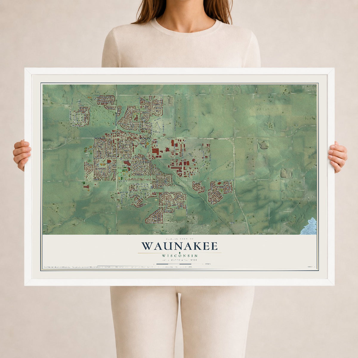 Map of Waunakee, Wisconsin, 24 x 36 inch print in a white wood frame